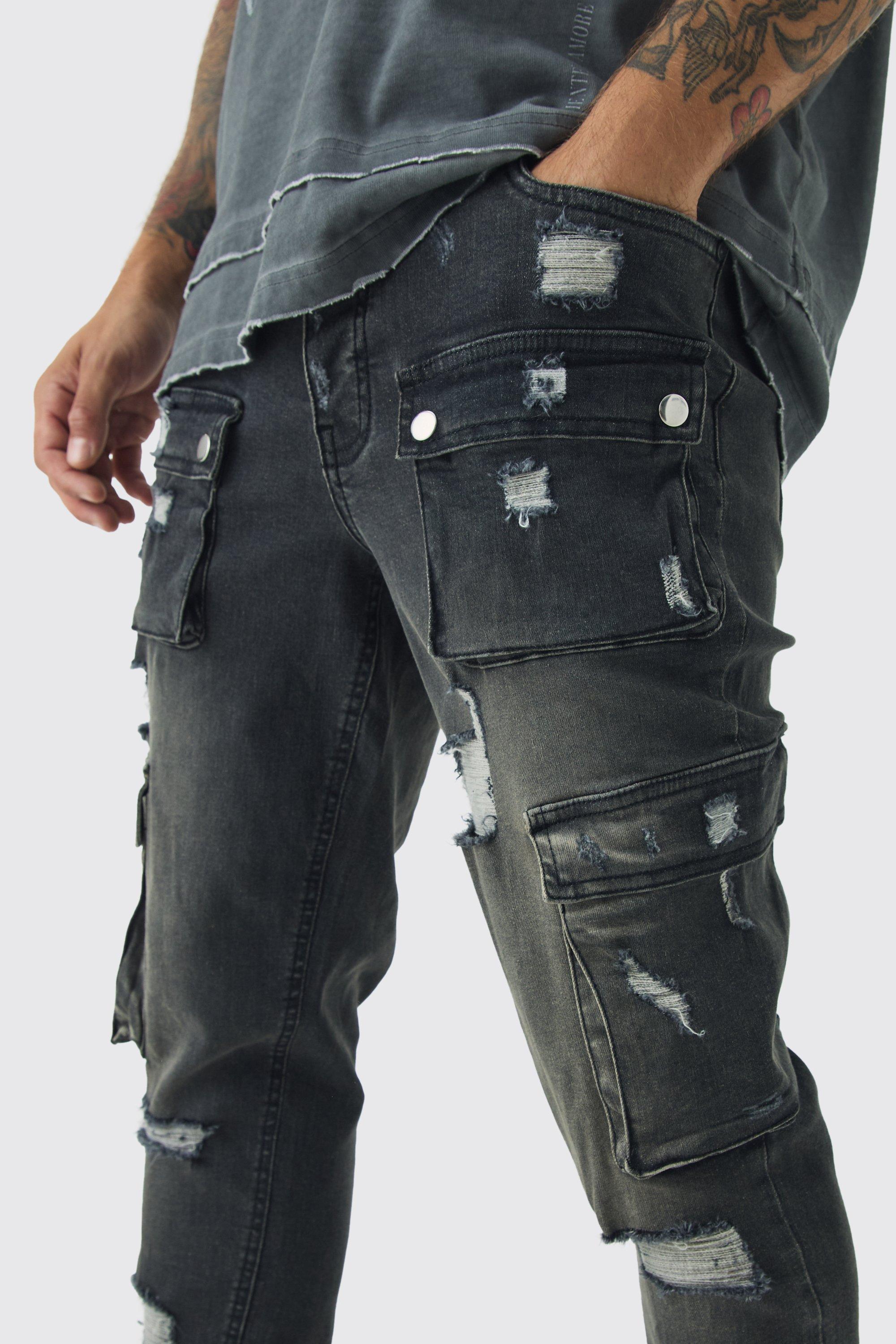 Skinny Fit Ripped Cargo Jeans